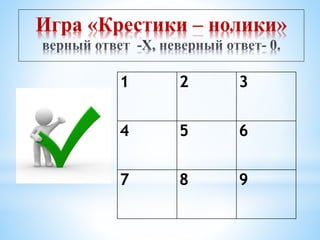 Игра «Крестики – нолики»
1 2 3
4 5 6
7 8 9
 