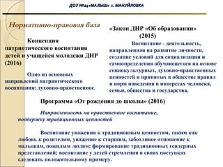 ДОУ №24«МАЛЫШ» с. МАНУЙЛОВКАДОУ №24«МАЛЫШ» с. МАНУЙЛОВКА
Нормативно-правовая база
Концепция
патриотического воспитания
детей и учащейся молодежи ДНР
(2016)
Одно из основных
направлений патриотического
воспитания: духовно-нравственное.
«Закон ДНР «Об образовании»
(2015)
Воспитание - деятельность,
направленная на развитие личности,
создание условий для социализации и
самоопределения обучающегося на основе
социокультурных, духовно-нравственных
ценностей и принятых в обществе правил
и норм поведения в интересах человека,
семьи, общества и государства.
Программа «От рождения до школы» (2016)
Направленность на нравственное воспитание,
поддержку традиционных ценностей
Воспитание уважения к традиционным ценностям, таким как
любовь к родителям, уважение к старшим, заботливое отношение к
малышам, пожилым людям; формирование традиционных гендерных
представлений; воспитание у детей стремления в своих поступках
следовать положительному примеру.
 