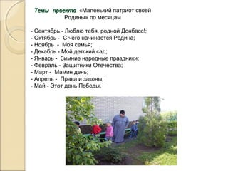 Темы проектаТемы проекта «Маленький патриот своей
Родины» по месяцам
- Сентябрь - Люблю тебя, родной Донбасс!;
- Октябрь - С чего начинается Родина;
- Ноябрь - Моя семья;
- Декабрь - Мой детский сад;
- Январь - Зимние народные праздники;
- Февраль - Защитники Отечества;
- Март - Мамин день;
- Апрель - Права и законы;
- Май - Этот день Победы.
 