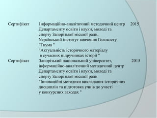 Сертифікат Інформаційно-аналітичний методичний центр 2015
Департаменту освіти і науки, молоді та
спорту Запорізької міської ради,
Український інститут вивчення Голокосту
"Ткума "
"Актуальність історичного матеріалу
в сучасних підручниках історії "
Сертифікат Запорізький національний університет, 2015
інформаційно-аналітичний методичний центр
Департаменту освіти і науки, молоді та
спорту Запорізької міської ради
"Інноваційні методики викладання історичних
дисциплін та підготовка учнів до участі
у конкурсних заходах "
 