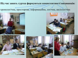 Під час занять гуртка формуються компетентності вихованців:
хронологічна, просторова, інформаційна, логічна, аксіологічна
 