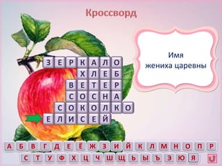 Е
О
Х Л Б
ОЛАКРЕ
ТЕ
Е
З
А Б ПОВ Г Д Е Ё Ж НМЛКЙИЗ Р
С Т У Ф Х Ц Ч ЮЭЪЫЬЩШ Я
О А
Р
С НС
С КЛОК
Е ЕСИЛ
О
Й
В
Имя
жениха царевны
 