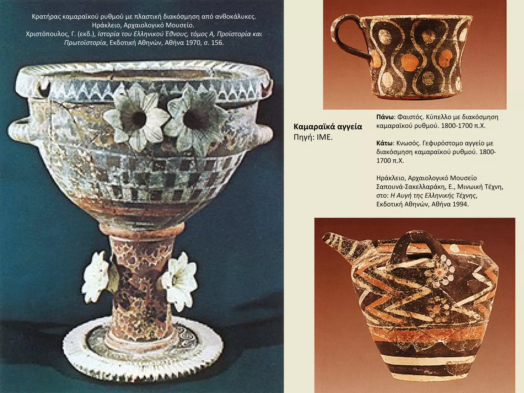 Καμαραϊκά αγγεία
Πηγή: ΙΜΕ.
Πάνω: Φαιστός. Kύπελλο με διακόσμηση
καμαραϊκού ρυθμού. 1800-1700 π.X.
Κάτω: Kνωσός. Γεφυρόστομο αγγείο με
διακόσμηση καμαραϊκού ρυθμού. 1800-
1700 π.X.
Hράκλειο, Aρχαιολογικό Mουσείο
Σαπουνά-Σακελλαράκη, E., Mινωική Tέχνη,
στο: H Aυγή της Eλληνικής Tέχνης,
Eκδοτική Aθηνών, Aθήνα 1994.
Kρατήρας καμαραϊκού ρυθμού με πλαστική διακόσμηση από ανθοκάλυκες.
Hράκλειο, Aρχαιολογικό Mουσείο.
Xριστόπουλος, Γ. (εκδ.), Iστορία του Eλληνικού Έθνους, τόμος A, Προϊστορία και
Πρωτοϊστορία, Eκδοτική Aθηνών, Aθήνα 1970, σ. 156.
 