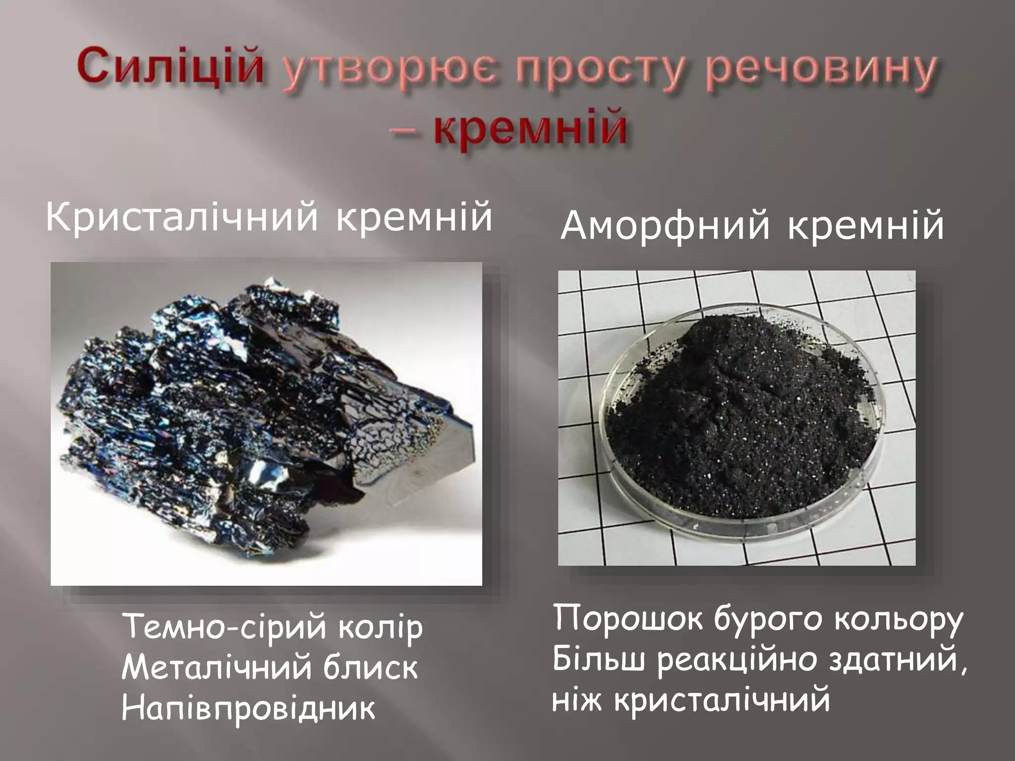 Кристалічний кремній Аморфний кремній
Темно-сірий колір
Металічний блиск
Напівпровідник
Порошок бурого кольору
Більш реакційно здатний,
ніж кристалічний
 