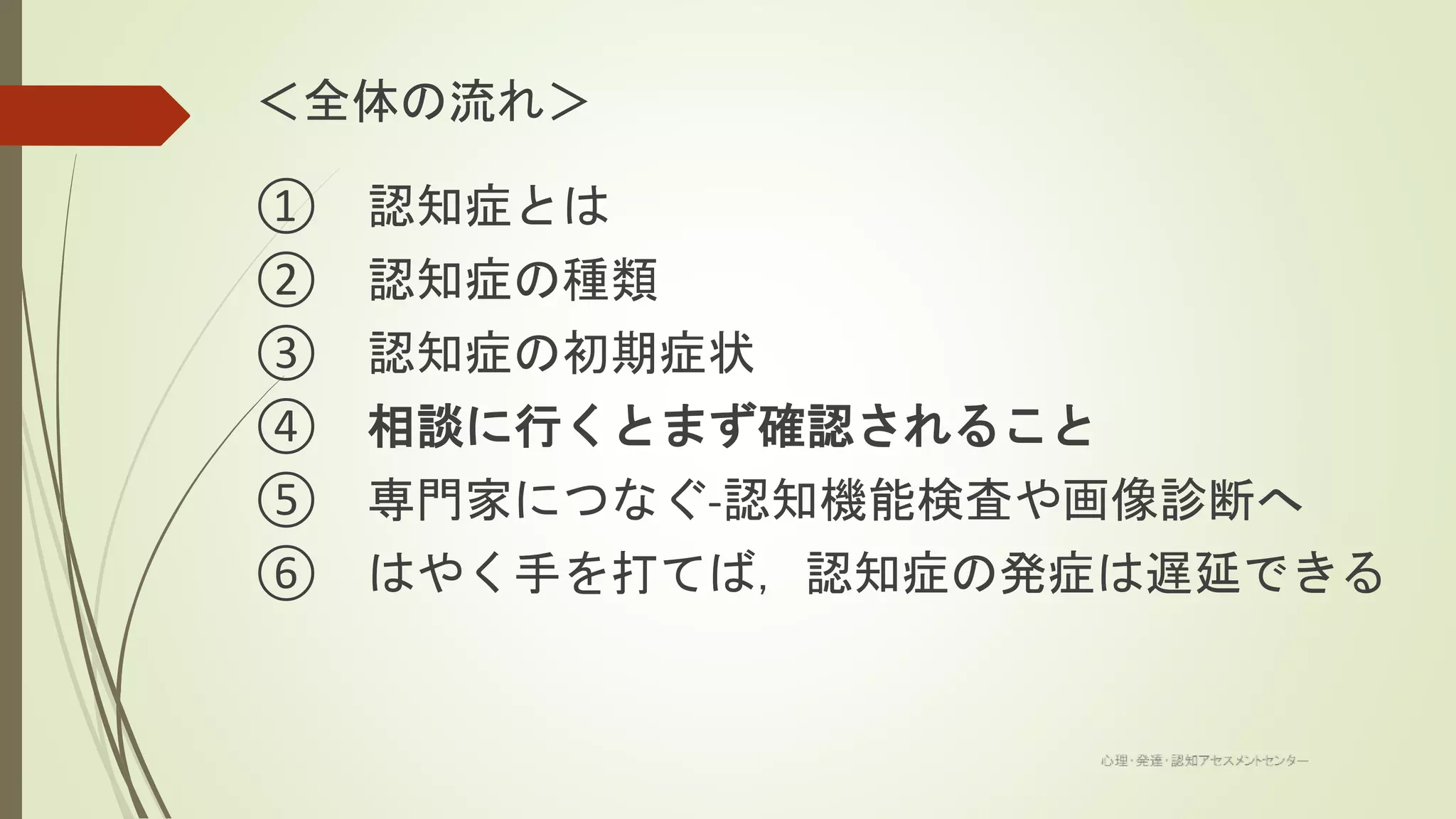 ＜全体の流れ＞
① 認知症とは
② 認知症の種類
③ 認知症の初期症状
④ 相談に行くとまず確認されること
⑤ 専門家につなぐ‐認知機能検査や画像診断へ
⑥ はやく手を打てば，認知症の発症は遅延できる
 