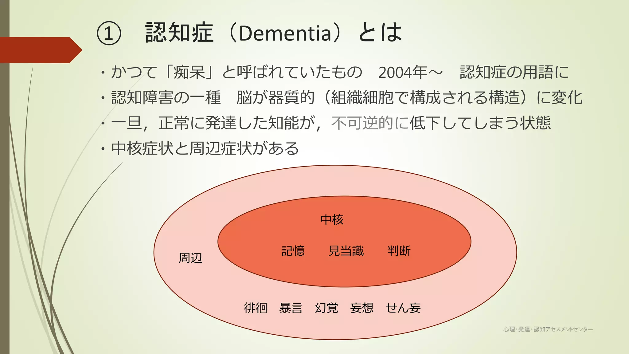① 認知症（Dementia）とは
・かつて「痴呆」と呼ばれていたもの 2004年～ 認知症の用語に
・認知障害の一種 脳が器質的（組織細胞で構成される構造）に変化
・一旦，正常に発達した知能が，不可逆的に低下してしまう状態
・中核症状と周辺症状がある
中核
記憶 見当識 判断
周辺
徘徊 暴言 幻覚 妄想 せん妄
 