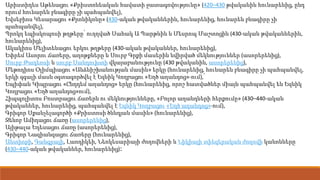 Արիստիդես Աթենացու «Քրիստոնեական հավատի ջատագովությունը» (420–430 թվականին հունարենից, ընդ
որում հունարեն բնագիրը չի պահպանվել),
Եվսեբիոս Կեսարացու «Քրոնիկոնը» (430-ական թվականներին, հունարենից, հունարեն բնագիրը չի
պահպանվել),
Պրոկղ եպիսկոպոսի թղթերը՝ ուղղված Սահակ Ա Պարթևին և Մեսրոպ Մաշտոցին (430-ական թվականներին,
հունարենից),
Ակակիոս Մելիտենացու երկու թղթերը (430-ական թվականներ, հունարենից),
Եփրեմ Ասորու ճառերը, աղոթքները և Սուրբ Գրքի մասերին նվիրված մեկնություններ (ասորերենից),
Սուրբ Թադեոսի և սուրբ Սանդուխտի վկայաբանությունը (430 թվականին, ասորերենից),
Մեթոդիոս Օլիմպիացու «Անձնիշխանության մասին» երկը (հունարենից, հունարեն բնագիրը չի պահպանվել,
երկի զգալի մասն օգտագործվել է Եզնիկ Կողբացու «Եղծ աղանդոց»-ում),՛
Եպիփան Կիպրացու «Ընդդեմ աղանդոց» երկը (հունարենից, որոշ հատվածներ միայն պահպանվել են Եզնիկ
Կողբացու «Եղծ աղանդոց»ում),
Հիպպոլիտոս Բոստրացու ճառերն ու մեկնությունները, «Բոլոր աղանդների հերքումը» (430–440-ական
թվականներ, հունարենից, պահպանվել է Եզնիկ Կողբացու «Եղծ աղանդոց»-ում),
Գրիգոր Սքանչելագործի «Քրիստոսի ծննդյան մասին» (հունարենից),
Զենոբ Ամիդացու ճառը (ասորերենից),
Այիթալա Եդեսացու ճառը (ասորերենից),
Գրիգոր Նազիանզացու ճառերը (հունարենից),
Անտիոքի, Գանգրայի, Լաոդիկեի, Նեոկեսարիայի ժողովների և Նիկիայի տիեզերական ժողովի կանոնները
(430–440-ական թվականներ, հունարենից)։
 