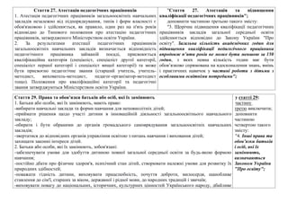 Стаття 27. Атестацiя педагогiчних працiвникiв
1. Атестацiя педагогiчних працiвникiв загальноосвiтнiх навчальних
закладiв незалежно вiд пiдпорядкування, типiв i форм власностi є
обов'язковою i здiйснюється, як правило, один раз на п'ять рокiв
вiдповiдно до Типового положення про атестацiю педагогiчних
працiвникiв, затвердженого Мiнiстерством освiти України.
2. За результатами атестацiї педагогiчних працiвникiв
загальноосвiтнiх навчальних закладiв визначається вiдповiднiсть
педагогiчного працiвника займанiй посадi, присвоюється
квалiфiкацiйна категорiя (спецiалiст, спецiалiст другої категорiї,
спецiалiст першої категорiї i спецiалiст вищої категорiї) та може
бути присвоєно педагогiчне звання (старший учитель, учитель-
методист, вихователь-методист, педагог-органiзатор-методист
тощо). Положення про квалiфiкацiйнi категорiї та педагогiчнi
звання затверджуються Мiнiстерством освiти України.
"Стаття 27. Атестація та підвищення
кваліфікації педагогічних працівників";
доповнити частиною третьою такого змісту:
"3. Щорічне підвищення кваліфікації педагогічних
працівників закладів загальної середньої освіти
здійснюється відповідно до Закону України "Про
освіту". Загальна кількість академічних годин для
підвищення кваліфікації педагогічного працівника
впродовж п’яти років не може бути меншою за 150
годин, з яких певна кількість годин має бути
обов’язково спрямована на вдосконалення знань, вмінь
і практичних навичок у частині роботи з дітьми з
особливими освітніми потребами";
Стаття 29. Права та обов'язки батькiв або осiб, якi їх замiнюють
1. Батьки або особи, якi їх замiнюють, мають право:
-вибирати навчальнi заклади та форми навчання для неповнолiтнiх дiтей;
-приймати рiшення щодо участi дитини в iнновацiйнiй дiяльностi загальноосвiтнього навчального
закладу;
-обирати i бути обраними до органiв громадського самоврядування загальноосвiтнiх навчальних
закладiв;
-звертатися до вiдповiдних органiв управлiння освiтою з питань навчання i виховання дiтей;
захищати законнi iнтереси дiтей.
2. Батьки або особи, якi їх замiнюють, зобов'язанi:
-забезпечувати умови для здобуття дитиною повної загальної середньої освiти за будь-якою формою
навчання;
-постiйно дбати про фiзичне здоров'я, психiчний стан дiтей, створювати належнi умови для розвитку їх
природних здiбностей;
-поважати гiднiсть дитини, виховувати працелюбнiсть, почуття доброти, милосердя, шанобливе
ставлення до сiм'ї, старших за вiком, державної i рiдної мови, до народних традицiй i звичаїв;
-виховувати повагу до нацiональних, iсторичних, культурних цiнностей Українського народу, дбайливе
у статті 29:
частину
третю виключити;
доповнити
частиною
четвертою такого
змісту:
"4. Інші права та
обов’язки батьків
і осіб, які їх
замінюють,
визначаються
Законом України
"Про освіту";
 