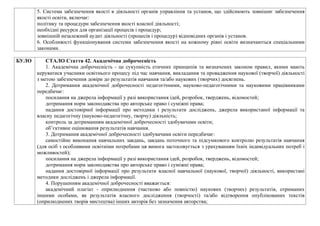 5. Система забезпечення якості в діяльності органів управління та установ, що здійснюють зовнішнє забезпечення
якості освіти, включає:
політику та процедури забезпечення якості власної діяльності;
необхідні ресурси для організації процесів і процедур;
зовнішній незалежний аудит діяльності (процесів і процедур) відповідних органів і установ.
6. Особливості функціонування системи забезпечення якості на кожному рівні освіти визначаються спеціальними
законами.
БУЛО СТАЛО Стаття 42. Академічна доброчесність
1. Академічна доброчесність - це сукупність етичних принципів та визначених законом правил, якими мають
керуватися учасники освітнього процесу під час навчання, викладання та провадження наукової (творчої) діяльності
з метою забезпечення довіри до результатів навчання та/або наукових (творчих) досягнень.
2. Дотримання академічної доброчесності педагогічними, науково-педагогічними та науковими працівниками
передбачає:
посилання на джерела інформації у разі використання ідей, розробок, тверджень, відомостей;
дотримання норм законодавства про авторське право і суміжні права;
надання достовірної інформації про методики і результати досліджень, джерела використаної інформації та
власну педагогічну (науково-педагогічну, творчу) діяльність;
контроль за дотриманням академічної доброчесності здобувачами освіти;
об’єктивне оцінювання результатів навчання.
3. Дотримання академічної доброчесності здобувачами освіти передбачає:
самостійне виконання навчальних завдань, завдань поточного та підсумкового контролю результатів навчання
(для осіб з особливими освітніми потребами ця вимога застосовується з урахуванням їхніх індивідуальних потреб і
можливостей);
посилання на джерела інформації у разі використання ідей, розробок, тверджень, відомостей;
дотримання норм законодавства про авторське право і суміжні права;
надання достовірної інформації про результати власної навчальної (наукової, творчої) діяльності, використані
методики досліджень і джерела інформації.
4. Порушенням академічної доброчесності вважається:
академічний плагіат - оприлюднення (частково або повністю) наукових (творчих) результатів, отриманих
іншими особами, як результатів власного дослідження (творчості) та/або відтворення опублікованих текстів
(оприлюднених творів мистецтва) інших авторів без зазначення авторства;
 