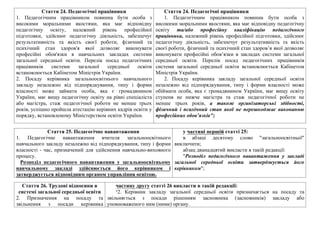 Стаття 24. Педагогiчнi працiвники
1. Педагогiчним працiвником повинна бути особа з
високими моральними якостями, яка має вiдповiдну
педагогiчну освiту, належний рiвень професiйної
пiдготовки, здiйснює педагогiчну дiяльнiсть, забезпечує
результативнiсть та якiсть своєї роботи, фiзичний та
психiчний стан здоров'я якої дозволяє виконувати
професiйнi обов'язки в навчальних закладах системи
загальної середньої освiти. Перелiк посад педагогiчних
працiвникiв системи загальної середньої освiти
встановлюється Кабiнетом Мiнiстрiв України.
2. Посаду керiвника загальноосвiтнього навчального
закладу незалежно вiд пiдпорядкування, типу i форми
власностi може займати особа, яка є громадянином
України, має вищу педагогiчну освiту на рiвнi спецiалiста
або магiстра, стаж педагогiчної роботи не менше трьох
рокiв, успiшно пройшла атестацiю керiвних кадрiв освiти у
порядку, встановленому Мiнiстерством освiти України.
Стаття 24. Педагогічні працівники
1. Педагогічним працівником повинна бути особа з
високими моральними якостями, яка має відповідну педагогічну
освіту та/або професійну кваліфікацію педагогічного
працівника, належний рівень професійної підготовки, здійснює
педагогічну діяльність, забезпечує результативність та якість
своєї роботи, фізичний та психічний стан здоров’я якої дозволяє
виконувати професійні обов’язки в закладах системи загальної
середньої освіти. Перелік посад педагогічних працівників
системи загальної середньої освіти встановлюється Кабінетом
Міністрів України.
2. Посаду керівника закладу загальної середньої освіти
незалежно від підпорядкування, типу і форми власності може
обіймати особа, яка є громадянином України, має вищу освіту
ступеня не нижче магістра та стаж педагогічної роботи не
менше трьох років, а також організаторські здібності,
фізичний і психічний стан якої не перешкоджає виконанню
професійних обов’язків";
Стаття 25. Педагогiчне навантаження
1. Педагогiчне навантаження вчителя загальноосвiтнього
навчального закладу незалежно вiд пiдпорядкування, типу i форми
власностi - час, призначений для здiйснення навчально-виховного
процесу.
Розподiл педагогiчного навантаження у загальноосвiтньому
навчальному закладi здiйснюється його керiвником i
затверджується вiдповiдним органом управлiння освiтою.
у частині першій статті 25:
в абзаці десятому слово "загальноосвітньої"
виключити;
абзац дванадцятий викласти в такій редакції:
"Розподіл педагогічного навантаження у закладі
загальної середньої освіти затверджується його
керівником";
Стаття 26. Трудовi вiдносини в
системi загальної середньої освiти
2. Призначення на посаду та
звiльнення з посади керiвника
частину другу статті 26 викласти в такій редакції:
"2. Керівник закладу загальної середньої освіти призначається на посаду та
звільняється з посади рішенням засновника (засновників) закладу або
уповноваженого ним (ними) органу.
 