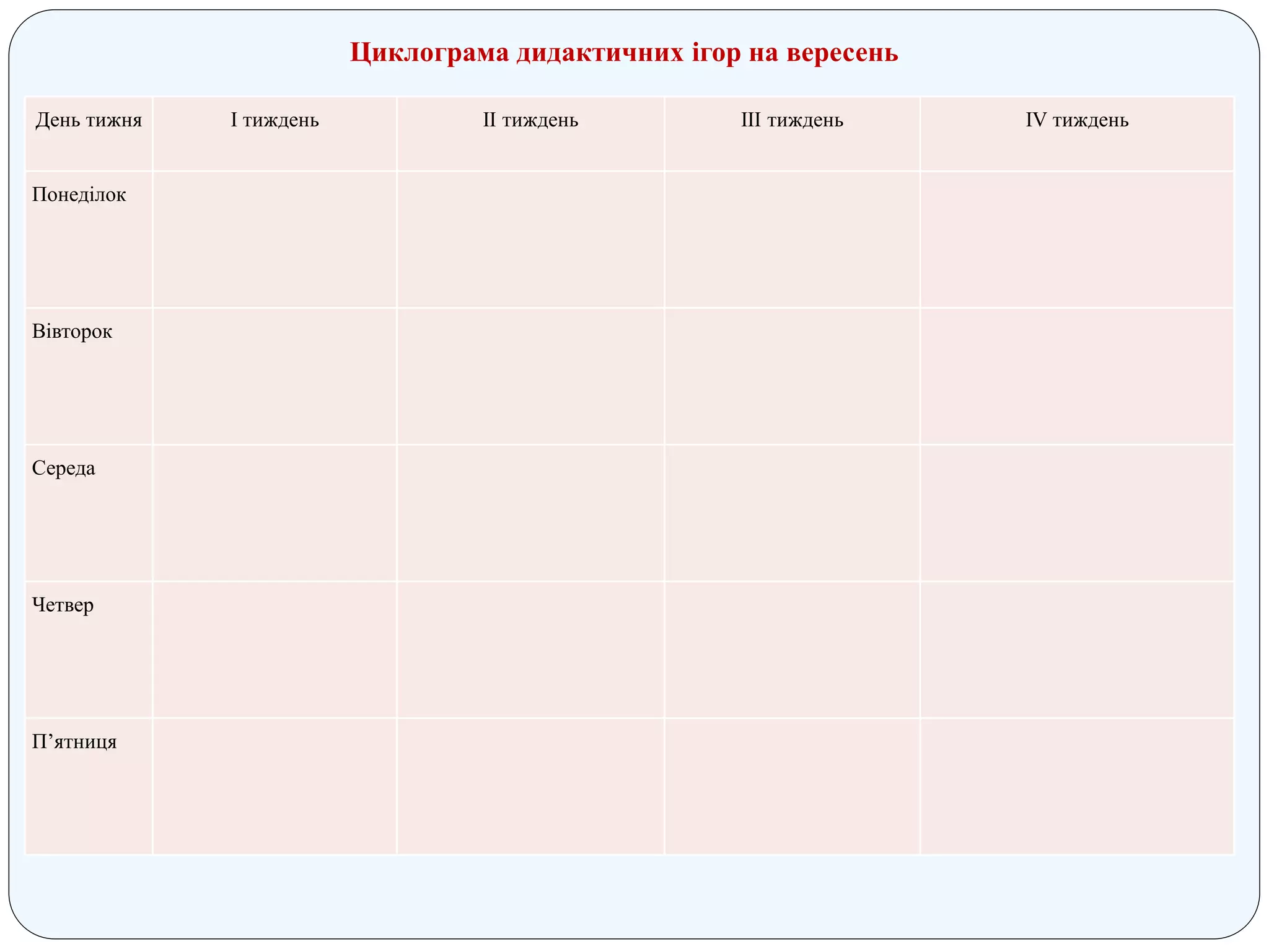 День тижня І тиждень ІІ тиждень ІІІ тиждень ІV тиждень
Понеділок
Вівторок
Середа
Четвер
П’ятниця
Циклограма дидактичних ігор на вересень
 