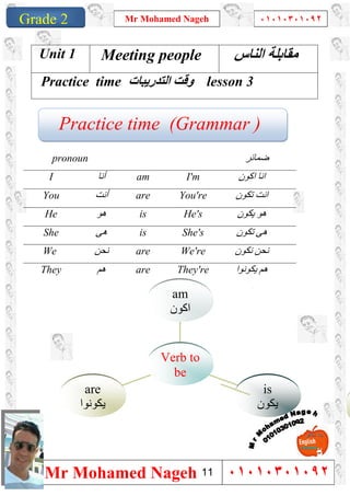 1
Grade 1
Mr Mohamed Nageh ٠١٠١٠٣٠١٠٩٢
Mr Mohamed Nageh ٠١٠١٠٣٠١٠٩٢Grade 2
are
‫ﯾﻜﻮﻧﻮا‬
is
‫ﯾﻜﻮن‬
am
‫اﻛﻮن‬
Verb to
be
Unit 1 Meeting people ‫اﻟﻨﺎس‬ ‫ﻣﻘﺎﺑﻠﺔ‬
Practice time ‫اﻟﺘﺪرﯾﺒﺎت‬ ‫وﻗﺖ‬ lesson 3
pronoun ‫ﺿﻤﺎﺋﺮ‬
I ‫أﻧﺎ‬ am I'm ‫اﻛﻮن‬ ‫اﻧﺎ‬
You ‫أﻧﺖ‬ are You're ‫ﺗﻜﻮن‬ ‫اﻧﺖ‬
He ‫ھﻮ‬ is He's ‫ﯾﻜﻮن‬ ‫ھﻮ‬
She ‫ھﻰ‬ is She's ‫ﺗﻜﻮن‬ ‫ھﻰ‬
We ‫ﻧﺤﻦ‬ are We're ‫ﻧﻜﻮن‬ ‫ﻧﺤﻦ‬
They ‫ھﻢ‬ are They're ‫ﯾﻜﻮﻧﻮا‬ ‫ھﻢ‬
Practice time (Grammar )
11
 