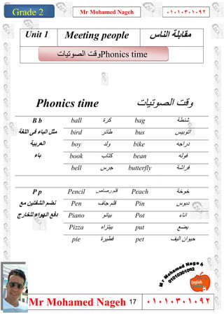 1
Grade 1
Mr Mohamed Nageh ٠١٠١٠٣٠١٠٩٢
Mr Mohamed Nageh ٠١٠١٠٣٠١٠٩٢Grade 2
Phonics time‫اﻟﺼﻮﺗﯿﺎت‬ ‫وﻗﺖ‬
Phonics time ‫اﻟﺼﻮﺗﯿﺎت‬ ‫وﻗﺖ‬
B b
‫اﻟﻠﻐﺔ‬ ‫ﻓﻰ‬ ‫اﻟﺒﺎء‬ ‫ﻣﺜﻞ‬
‫اﻟﻌﺮﺑﯿﺔ‬
‫ﺑﺎء‬
ball ‫ﻛﺮة‬ bag ‫ﺷﻨﻄﺔ‬
bird ‫طﺎﺋﺮ‬ bus ‫اﺗﻮﺑﯿﺲ‬
boy ‫وﻟﺪ‬ bike ‫دراﺟﮫ‬
book ‫ﻛﺘﺎب‬ bean ‫ﻓﻮﻟﮫ‬
bell ‫ﺟﺮس‬ butterfly ‫ﻓﺮاﺷﺔ‬
P p
‫ﻣﻊ‬ ‫اﻟﺸﻔﺘﯿﻦ‬ ‫ﻧﻀﻢ‬
‫ﻟﻠﺨﺎرج‬ ‫اﻟﮭﻮاء‬ ‫دﻓﻊ‬
Pencil ‫رﺻﺎص‬ ‫ﻗﻠﻢ‬ Peach ‫ﺧﻮﺧﺔ‬
Pen ‫ﺟﺎف‬ ‫ﻗﻠﻢ‬ Pin ‫دﺑﻮس‬
Piano ‫ﺑﯿﺎﻧﻮ‬ Pot ‫اﻧﺎء‬
Pizza ‫ﺑﯿﺘﺰاه‬ put ‫ﯾﻀﻊ‬
pie ‫ﻓﻄﯿﺮة‬ pet ‫اﻟﯿﻒ‬ ‫ﺣﯿﻮان‬
Unit 1 Meeting people ‫اﻟﻨﺎس‬ ‫ﻣﻘﺎﺑﻠﺔ‬
17
 