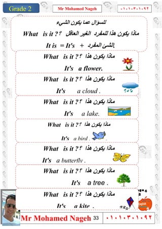 1
Grade 1
Mr Mohamed Nageh ٠١٠١٠٣٠١٠٩٢
Mr Mohamed Nageh ٠١٠١٠٣٠١٠٩٢Grade 2
‫اﻟﺸﻲء‬ ‫ﯾﻜﻮن‬ ‫ﻋﻤﺎ‬ ‫ﻟﻠﺴﺆال‬
What is it ?‫؟‬ ‫اﻟﻌﺎﻗﻞ‬ ‫اﻟﻐﯿﺮ‬ ‫ﻟﻠﻤﻔﺮد‬ ‫ھﺬا‬ ‫ﯾﻜﻮن‬ ‫ﻣﺎذا‬
It is = It's + ‫اﻟﻤﻔﺮد‬ ‫اﻟﺸﺊ‬.
What is it ?‫؟‬ ‫ھﺬا‬ ‫ﯾﻜﻮن‬ ‫ﻣﺎذا‬
It's a bird . .
What is it ?‫؟‬ ‫ھﺬا‬ ‫ﯾﻜﻮن‬ ‫ﻣﺎذا‬
It's a lake.
What is it ?‫؟‬ ‫ھﺬا‬ ‫ﯾﻜﻮن‬ ‫ﻣﺎذا‬
It's a cloud .
What is it ?‫؟‬ ‫ھﺬا‬ ‫ﯾﻜﻮن‬ ‫ﻣﺎذا‬
It's a flower.
What is it ?‫؟‬ ‫ھﺬا‬ ‫ﯾﻜﻮن‬ ‫ﻣﺎذا‬
It's a butterfly .
What is it ?‫؟‬ ‫ھﺬا‬ ‫ﯾﻜﻮن‬ ‫ﻣﺎذا‬
It's a tree .
What is it ?‫؟‬ ‫ھﺬا‬ ‫ﯾﻜﻮن‬ ‫ﻣﺎذا‬
It's a kite .
33
 