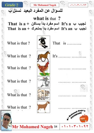 1
Grade 1
Mr Mohamed Nageh ٠١٠١٠٣٠١٠٩٢
Mr Mohamed Nageh ٠١٠١٠٣٠١٠٩٢Grade 2
‫اﻟﻤﻔﺮد‬ ‫ﻋﻦ‬ ‫ﻟﻠﺴﺆال‬‫اﻟﺒﻌﯿﺪ‬‫ب‬ ‫ﻧﺴﺌﻞ‬
what is that ?
That is a + ‫ﺑﺴﺎﻛﻦ‬ ‫ﺑﺪأ‬ ‫ﻣﻔﺮد‬ ‫اﺳﻢ‬ It's a ‫ب‬ ‫ﻧﺠﯿﺐ‬
That is an + ‫ﺑﻤﺘﺤﺮك‬ ‫ﺑﺪأ‬ ‫ﻣﻔﺮد‬ ‫اﺳﻢ‬ It's an ‫ب‬ ‫ﻧﺠﯿﺐ‬
What is that ? That is ………..
What is that ? It's ……… ………..
What is that ? ……… ………..
What is that ? ……… ………..
What is that ? ……… ………..
What is that ? ……… ………..
``
54
 