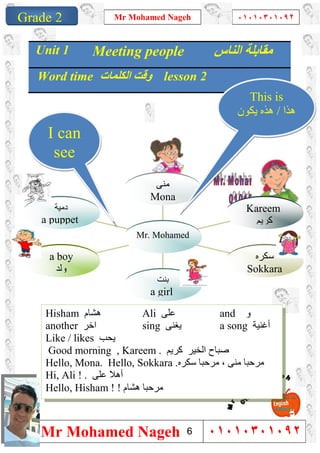 1
Grade 1
Mr Mohamed Nageh ٠١٠١٠٣٠١٠٩٢
Mr Mohamed Nageh ٠١٠١٠٣٠١٠٩٢Grade 2
Unit 1 Meeting people ‫اﻟﻨﺎس‬ ‫ﻣﻘﺎﺑﻠﺔ‬
Word time ‫اﻟﻜﻠﻤﺎت‬ ‫وﻗﺖ‬ lesson 2
‫دﻣﯿﺔ‬
a puppet
a boy
‫وﻟ‬‫ﺪ‬
‫ﺑﻨﺖ‬
girla
‫ﺳﻜﺮه‬
Sokkara
Kareem
‫ﻛﺮﯾﻢ‬
‫ﻣﻨﻰ‬
Mona
Mr. Mohamed
I can
see
This is
‫ھﺬا‬/‫ﯾﻜﻮن‬ ‫ھﺬه‬
Hisham ‫ھﺸﺎم‬ Ali ‫ﻋﻠﻰ‬ and ‫و‬
another ‫اﺧﺮ‬ sing ‫ﯾﻐﻨﻰ‬ a song ‫أﻏﻨﯿﺔ‬
Like / likes ‫ﯾﺤﺐ‬
Good morning , Kareem . ‫ﻛﺮﯾﻢ‬ ‫اﻟﺨﯿﺮ‬ ‫ﺻﺒﺎح‬
Hello, Mona. Hello, Sokkara . ‫ﻣﻨﻰ‬ ‫ﻣﺮﺣﺒﺎ‬،‫ﺳﻜﺮه‬ ‫ﻣﺮﺣﺒﺎ‬
Hi, Ali ! ‫ﻋﻠﻰ‬ ‫أھﻼ‬.
Hello, Hisham ! ‫ھﺸﺎم‬ ‫ﻣﺮﺣﺒﺎ‬!
6
 