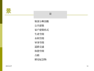 10/11/17 11
景 景
聚落分 景觀佈
公共建築
家戶建築形式
生產空間
水利空間
軍事空間
道路交通
休憩空間
古蹟
歷史紀念物
 