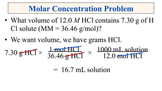 Molar Concentration Problem
• What volume of 12.0 M HCl contains 7.30 g of H
Cl solute (MM = 36.46 g/mol)?
• We want volume, we have grams HCl.
= 16.7 mL solution
1 mol HCl
36.46 g HCl7.30 g HCl × × 1000 mL solution
12.0 mol HCl
 