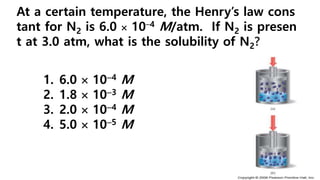 At a certain temperature, the Henry’s law cons
tant for N2 is 6.0  104 M/atm. If N2 is presen
t at 3.0 atm, what is the solubility of N2?
1. 6.0  104 M
2. 1.8  103 M
3. 2.0  104 M
4. 5.0  105 M
 