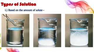 Types of Solution
i.) Based on the amount of solute -
a) Saturated Solution
Saturated solution is a solution to which no more solute can be added at a particular
temperature. As temperature affects the solubility of a substance, a saturated solution
at lower temperature, may become a dilute solution at higher temperature.
b) Unsaturated Solution
It is a solution to which more solute can be added to dissolve. They are also otherwise
called dilute solutions. An unsaturated solution contains less solute than the solvent has
the capacity to dissolve at a specific temperature.
c) Supersaturated solution
A solution that contains a higher than saturation concentration of solute; slight disturbance or
seeding causes crystallization of excess solute.
 