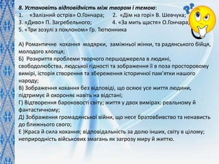 8. Установіть відповідність між твором і темою:
1. «Залізний острів» О.Гончара; 2. «Дім на горі» В. Шевчука;
3. «Диво» П. Загребельного; 4. «За мить щастя» О.Гончара;
5. «Три зозулі з поклоном» Гр. Тютюнника
А) Романтичне кохання мадярки, заміжньої жінки, та радянського бійця,
молодого хлопця;
Б) Розкриття проблеми творчого першоджерела в людині,
свободолюбства, людської гідності та зображення її в поза просторовому
вимірі, історія створення та збереження історичної пам’ятки нашого
народу;
В) Зображення кохання без відповіді, що осяює усе життя людини,
підтримує й охороняє навіть на відстані;
Г) Відтворення бароковості світу; життя у двох вимірах: реальному й
фантастичному;
Д) Зображення громадянської війни, що несе братовбивство та ненависть
до ближнього свого;
Е )Краса й сила кохання; відповідальність за долю інших, світу в цілому;
неприродність військових змагань як загрозу миру й життю.
 