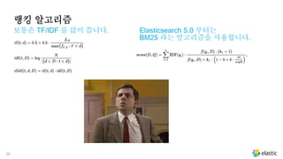 32
랭킹 알고리즘
보통은 TF/IDF 를 많이 씁니다. Elasticsearch 5.0 부터는
BM25 라는 알고리즘을 사용합니다.
 