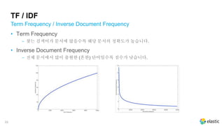 33
TF / IDF
• Term Frequency
‒ 찾는 검색어가 문서에 많을수록 해당 문서의 정확도가 높습니다.
• Inverse Document Frequency
‒ 전체 문서에서 많이 출현한 (흔한) 단어일수록 점수가 낮습니다.
Term Frequency / Inverse Document Frequency
 