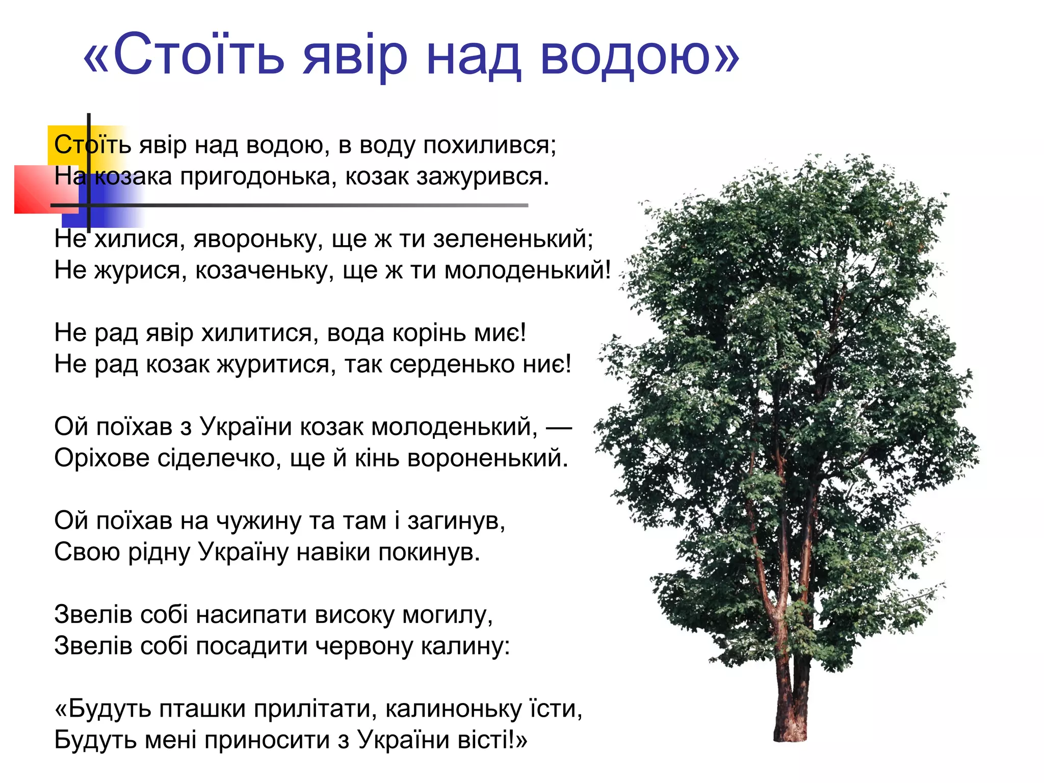 «Стоїть явір над водою»
Стоїть явір над водою, в воду похилився;
На козака пригодонька, козак зажурився.
Не хилися, явороньку, ще ж ти зелененький;
Не журися, козаченьку, ще ж ти молоденький!
Не рад явір хилитися, вода корінь миє!
Не рад козак журитися, так серденько ниє!
Ой поїхав з України козак молоденький, —
Оріхове сіделечко, ще й кінь вороненький.
Ой поїхав на чужину та там і загинув,
Свою рідну Україну навіки покинув.
Звелів собі насипати високу могилу,
Звелів собі посадити червону калину:
«Будуть пташки прилітати, калиноньку їсти,
Будуть мені приносити з України вісті!»
 