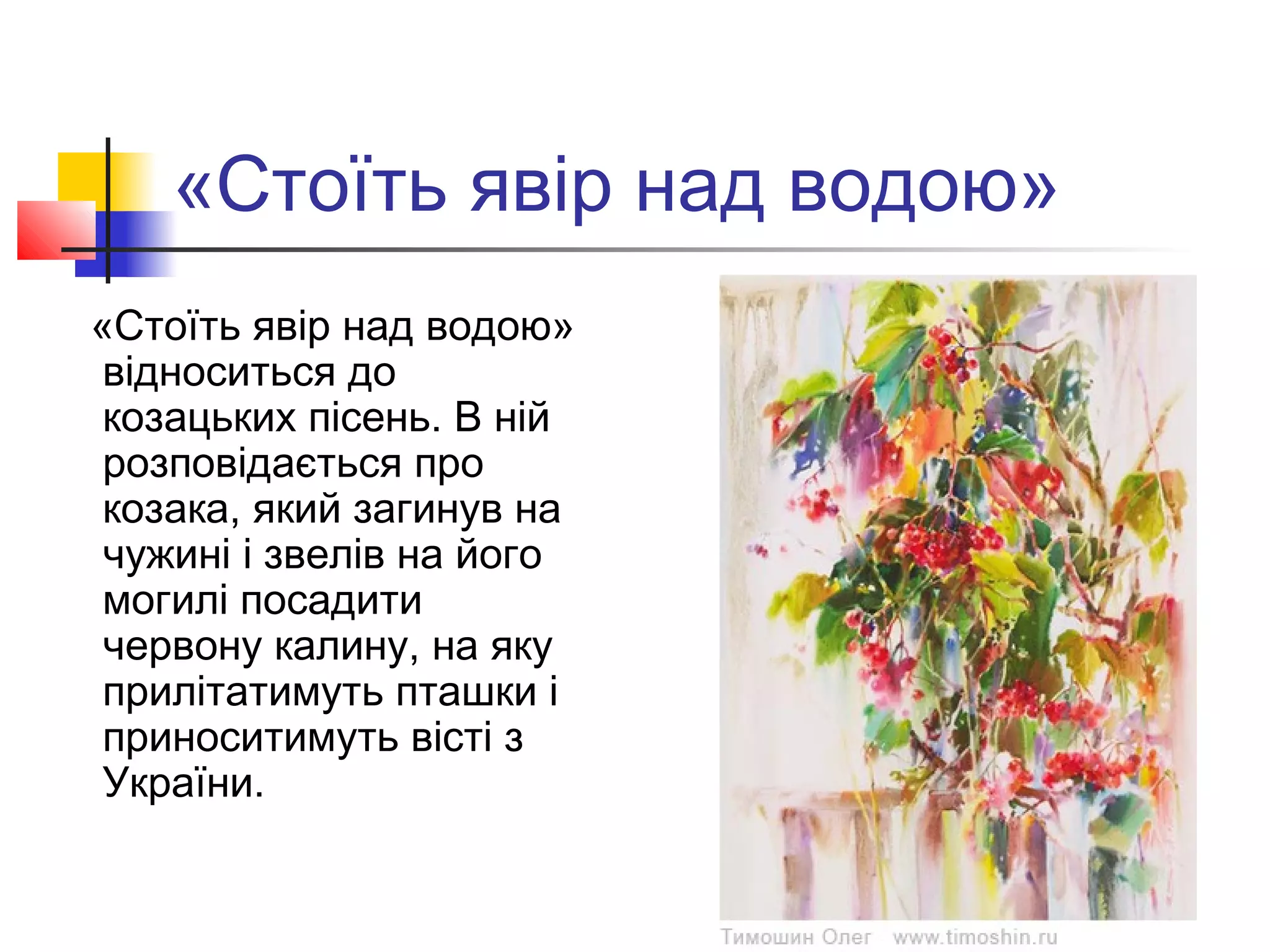 «Стоїть явір над водою»
«Стоїть явір над водою»
відноситься до
козацьких пісень. В ній
розповідається про
козака, який загинув на
чужині і звелів на його
могилі посадити
червону калину, на яку
прилітатимуть пташки і
приноситимуть вісті з
України. 
 