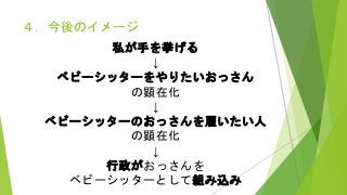４．今後のイメージ
私が手を挙げる
↓
ベビーシッターをやりたいおっさん
の顕在化
↓
ベビーシッターのおっさんを雇いたい人
の顕在化
↓
行政がおっさんを
ベビーシッターとして組み込み
 