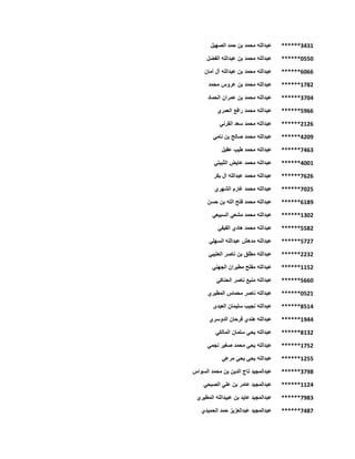 ******3431‫الصهيل‬ ‫حمد‬ ‫بن‬ ‫محمد‬ ‫عبدالله‬
******0550‫الفضل‬ ‫عبدالله‬ ‫بن‬ ‫محمد‬ ‫عبدالله‬
******6066‫أمان‬ ‫آل‬ ‫عبدالله‬ ‫بن‬ ‫محمد‬ ‫عبدالله‬
******1782‫محمد‬ ‫عروس‬ ‫بن‬ ‫محمد‬ ‫عبدالله‬
******3704‫الحماد‬ ‫عمران‬ ‫بن‬ ‫محمد‬ ‫عبدالله‬
******5966‫العمري‬ ‫رافع‬ ‫محمد‬ ‫عبدالله‬
******2126‫القرني‬ ‫سعد‬ ‫محمد‬ ‫عبدالله‬
******4209‫محمد‬ ‫عبدالله‬‫نامي‬ ‫بن‬ ‫صالح‬
******7463‫عقيل‬ ‫طيب‬ ‫محمد‬ ‫عبدالله‬
******4001‫الثبيتي‬ ‫عايض‬ ‫محمد‬ ‫عبدالله‬
******7626‫بكر‬ ‫ال‬ ‫عبدالله‬ ‫محمد‬ ‫عبدالله‬
******7025‫الشهري‬ ‫غارم‬ ‫محمد‬ ‫عبدالله‬
******6189‫حسن‬ ‫بن‬ ‫الله‬ ‫فتح‬ ‫محمد‬ ‫عبدالله‬
******1302‫السبيعي‬ ‫مشعي‬ ‫محمد‬ ‫عبدالله‬
******5582‫مح‬ ‫عبدالله‬‫الفيفي‬ ‫هادي‬ ‫مد‬
******5727‫السهلي‬ ‫عبدالله‬ ‫مدهش‬ ‫عبدالله‬
******2232‫العتيبي‬ ‫ناصر‬ ‫بن‬ ‫مطلق‬ ‫عبدالله‬
******1152‫الجهني‬ ‫مطيران‬ ‫مفلح‬ ‫عبدالله‬
******5660‫الحناكي‬ ‫ناصر‬ ‫منيع‬ ‫عبدالله‬
******0521‫المطيري‬ ‫محماس‬ ‫ناصر‬ ‫عبدالله‬
******8514‫العيدى‬ ‫سليمان‬ ‫نجيب‬ ‫عبدالله‬
******1944‫الدوسري‬ ‫فرحان‬ ‫هندي‬ ‫عبدالله‬
******8132‫المالكي‬ ‫سلمان‬ ‫يحي‬ ‫عبدالله‬
******1752‫نجمي‬ ‫صغير‬ ‫محمد‬ ‫يحي‬ ‫عبدالله‬
******1255‫مرعي‬ ‫يحي‬ ‫يحي‬ ‫عبدالله‬
******3798‫السواس‬ ‫محمد‬ ‫بن‬ ‫الدين‬ ‫تاج‬ ‫عبدالمجيد‬
******1124‫الصبحي‬ ‫علي‬ ‫بن‬ ‫عامر‬ ‫عبدالمجيد‬
******7983‫المطيري‬ ‫عبيدالله‬ ‫بن‬ ‫عايد‬ ‫عبدالمجيد‬
******7487‫الحميدي‬ ‫حمد‬ ‫عبدالعزيز‬ ‫عبدالمجيد‬
 