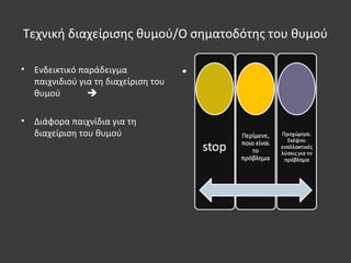 Τεχνική διαχείρισης θυμού/Ο σηματοδότης του θυμού
• Ενδεικτικό παράδειγμα
παιχνιδιού για τη διαχείριση του
θυμού 
• Διάφορα παιχνίδια για τη
διαχείριση του θυμού
• Ο σηματοδότης της
τροχαίας
 