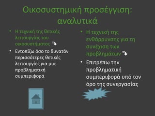 Οικοσυστημική προσέγγιση:
αναλυτικά
• Η τεχνική της θετικής
λειτουργίας του
οικοσυστήματος 
• Εντοπίζω όσο το δυνατόν
περισσότερες θετικές
λειτουργίες για μια
προβληματική
συμπεριφορά
• Η τεχνική της
ενθάρρυνσης για τη
συνέχιση των
προβλημάτων 
• Επιτρέπω την
προβληματική
συμπεριφορά υπό τον
όρο της συνεργασίας
 