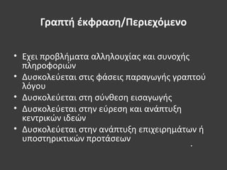 Γραπτή έκφραση/Περιεχόμενο
• Εχει προβλήματα αλληλουχίας και συνοχής
πληροφοριών
• Δυσκολεύεται στις φάσεις παραγωγής γραπτού
λόγου
• Δυσκολεύεται στη σύνθεση εισαγωγής
• Δυσκολεύεται στην εύρεση και ανάπτυξη
κεντρικών ιδεών
• Δυσκολεύεται στην ανάπτυξη επιχειρημάτων ή
υποστηρικτικών προτάσεων
•
 