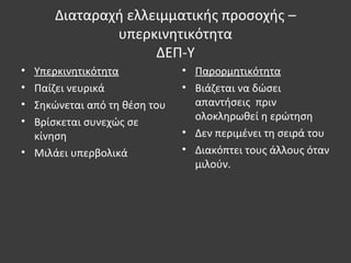 Διαταραχή ελλειμματικής προσοχής –
υπερκινητικότητα
ΔΕΠ-Υ
• Υπερκινητικότητα
• Παίζει νευρικά
• Σηκώνεται από τη θέση του
• Βρίσκεται συνεχώς σε
κίνηση
• Μιλάει υπερβολικά
• Παρορμητικότητα
• Βιάζεται να δώσει
απαντήσεις πριν
ολοκληρωθεί η ερώτηση
• Δεν περιμένει τη σειρά του
• Διακόπτει τους άλλους όταν
μιλούν.
 