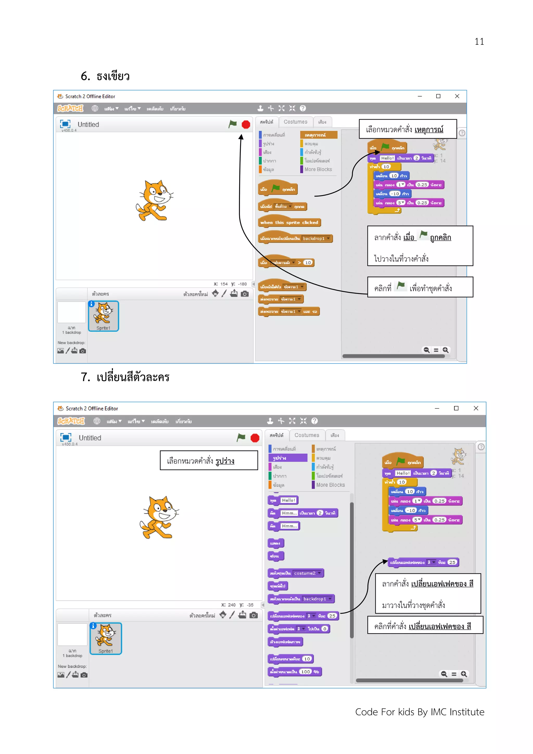 11
Code For kids By IMC Institute
6. ธงเขียว
7. เปลี่ยนสีตัวละคร
เลือกหมวดคาสั่ง เหตุการณ์
ลากคาสั่ง เมื่อ ถูกคลิก
ไปวางในที่วางคาสั่ง
คลิกที่ เพื่อทาชุดคาสั่ง
เลือกหมวดคาสั่ง รูปร่าง
ลากคาสั่ง เปลี่ยนเอฟเฟคของ สี
มาวางในที่วางชุดคาสั่ง
คลิกที่คาสั่ง เปลี่ยนเอฟเฟคของ สี
 
