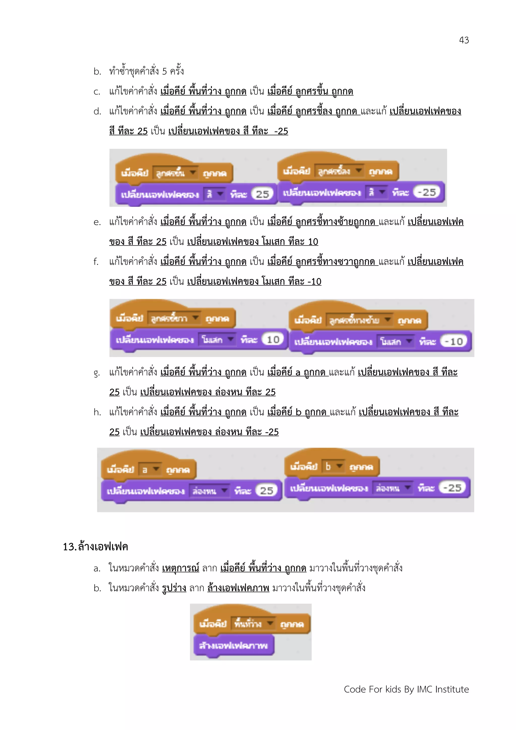 43
Code For kids By IMC Institute
b. ทาซ้าชุดคาสั่ง 5 ครั้ง
c. แก้ไขค่าคาสั่ง เมื่อคีย์ พื้นที่ว่าง ถูกกด เป็น เมื่อคีย์ ลูกศรขึ้น ถูกกด
d. แก้ไขค่าคาสั่ง เมื่อคีย์ พื้นที่ว่าง ถูกกด เป็น เมื่อคีย์ ลูกศรชี้ลง ถูกกด และแก้ เปลี่ยนเอฟเฟคของ
สี ทีละ 25 เป็น เปลี่ยนเอฟเฟคของ สี ทีละ -25
e. แก้ไขค่าคาสั่ง เมื่อคีย์ พื้นที่ว่าง ถูกกด เป็น เมื่อคีย์ ลูกศรชี้ทางซ้ายถูกกด และแก้ เปลี่ยนเอฟเฟค
ของ สี ทีละ 25 เป็น เปลี่ยนเอฟเฟคของ โมเสก ทีละ 10
f. แก้ไขค่าคาสั่ง เมื่อคีย์ พื้นที่ว่าง ถูกกด เป็น เมื่อคีย์ ลูกศรชี้ทางซวาถูกกด และแก้ เปลี่ยนเอฟเฟค
ของ สี ทีละ 25 เป็น เปลี่ยนเอฟเฟคของ โมเสก ทีละ -10
g. แก้ไขค่าคาสั่ง เมื่อคีย์ พื้นที่ว่าง ถูกกด เป็น เมื่อคีย์ a ถูกกด และแก้ เปลี่ยนเอฟเฟคของ สี ทีละ
25 เป็น เปลี่ยนเอฟเฟคของ ล่องหน ทีละ 25
h. แก้ไขค่าคาสั่ง เมื่อคีย์ พื้นที่ว่าง ถูกกด เป็น เมื่อคีย์ b ถูกกด และแก้ เปลี่ยนเอฟเฟคของ สี ทีละ
25 เป็น เปลี่ยนเอฟเฟคของ ล่องหน ทีละ -25
13.ล้างเอฟเฟค
a. ในหมวดคาสั่ง เหตุการณ์ ลาก เมื่อคีย์ พื้นที่ว่าง ถูกกด มาวางในพื้นที่วางชุดคาสั่ง
b. ในหมวดคาสั่ง รูปร่าง ลาก ล้างเอฟเฟคภาพ มาวางในพื้นที่วางชุดคาสั่ง
 