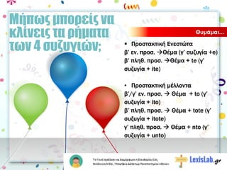 Θυμάμαι…
 Προστακτική Ενεστώτα
β’ εν. προσ. Θέμα (γ’ συζυγία +e)
β’ πληθ. προσ. Θέμα + te (γ’
συζυγία + ite)
• Προστακτική μέλλοντα
β’/γ’ εν. προσ.  Θέμα + to (γ’
συζυγία + ito)
β’ πληθ. προσ.  Θέμα + tote (γ’
συζυγία + itote)
γ’ πληθ. προσ.  Θέμα + nto (γ’
συζυγία + unto)
Μήπως μπορείς να
κλίνεις τα ρήματα
των 4 συζυγιών;
 
