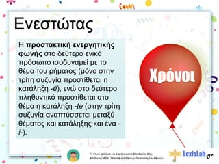Η προστακτική ενεργητικής
φωνής στο δεύτερο ενικό
πρόσωπο ισοδυναμεί με το
θέμα του ρήματος (μόνο στην
τρίτη συζυγία προστίθεται η
κατάληξη -ĕ), ενώ στο δεύτερο
πληθυντικό προστίθεται στο
θέμα η κατάληξη -te (στην τρίτη
συζυγία αναπτύσσεται μεταξύ
θέματος και κατάληξης και ένα -
i-).
Χρόνοι
Ενεστώτας
 