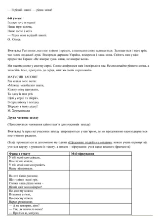 — В рідній школі — рідна мова!
6-й учень:
І спасе того в недолі
Наша мрія золота,
Наше гасло і мета
— Рідна мова в рідній школі.
О. Олесь
Вчитель: Усе минає, все стає тліном і прахом, а написане слово залишається. Залишається і несе крізь
час голос людської душі. Воскресла держава Україна, воскресла і наша мова. Світить нам у віки
пророцтво Тараса: «Не вмирає душа наша, не вмирає воля».
Ми несемо слово у своєму серці. Слово довірилося нам і повірило в нас. Не сполохайте рідного слова, а
захистіть його, притуліть до серця, життям своїм переповніть.
МАТУСИН ЗАПОВІТ
Раз казала мені мати:
«Можеш мов багато знати,
Кожну мову шанувати,
Та одну із мов усіх
Щоб у серці ти зберіг».
В серці ніжну і погідну
Збережу я мову рідну!
М. Хоросницька
Друга частина заходу
(Пропонується чаювання з різнотрав`я для учасників заходу)
Вчитель: А зараз всі учасники заходу запрошуються у кав`ярню, де ми продовжимо насолоджуватися
поетичними рядками.
(Захід проводиться за допомогою методики «Щоденник подвійних нотаток»: кожен учень отримує від
учителя картку з уривком із тексту, а згодом – міркування учня щодо кожного фрагмента)
Фраза з тексту Мої міркування
У тій мові нам співали,
Нам казки казали,
У тій мові нам минувшість
Нашу відкривали.
На оте вікно ранкове,
Що голівки ваші гріє,
Схожа наша рідна мова –
Цілий цвіт вона відкриє!
По-своєму кожна
Пташина співає,
По-своєму кожен
Народ розмовляє.
— А як говорять діти?
— Так, як навчила мама!
— Прийми ж, матусю,
 