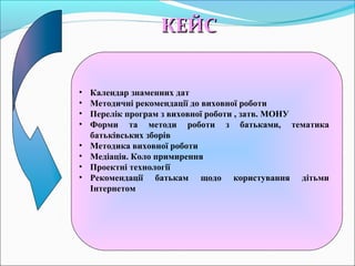 • Календар знаменних дат
• Методичні рекомендації до виховної роботи
• Перелік програм з виховної роботи , затв. МОНУ
• Форми та методи роботи з батьками, тематика
батьківських зборів
• Методика виховної роботи
• Медіація. Коло примирення
• Проектні технології
• Рекомендації батькам щодо користування дітьми
Інтернетом
КЕЙСКЕЙС
 