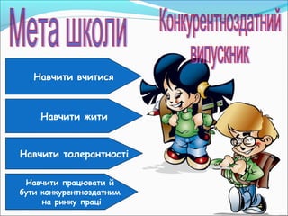 Навчити вчитися
Навчити жити
Навчити толерантності
Навчити працювати й
бути конкурентноздатним
на ринку праці
 
