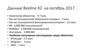 Данные Beeline KZ на октябрь 2017
• Количество абонентов - 9.7 млн.
• Кол-во пользователей мобильного интернет - 5 млн.
• Кол-во пользователей фиксированного интернет - 0.3 млн
• ВК - 4 000 000 пользователей
• Фейсбук - 3 300 000 пользователей
• Инстаграм - 3 000 000
• Наиболее популярные мессенджеры среди абонентов:
• Whatsapp – 3.5 млн.
• Telegram – 2 млн.
• Viber - 1 млн.
 