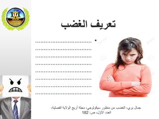 ‫الغضب‬ ‫تعريف‬
•.................................
.................................
.................................
.................................
.................................
.................................
.................................
.................................
،‫الفصلية‬ ‫الوالية‬ ‫أريج‬ ‫مجلة‬ ،‫سيكولوجي‬ ‫منظور‬ ‫من‬ ‫الغضب‬ ،‫بري‬ ‫جمال‬
‫العدد‬‫ص‬ ،‫ل‬ ّ‫األو‬:182
 