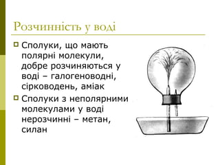 Розчинність у воді
 Сполуки, що мають
полярні молекули,
добре розчиняються у
воді – галогеноводні,
сірководень, аміак
 Сполуки з неполярними
молекулами у воді
нерозчинні – метан,
силан
 