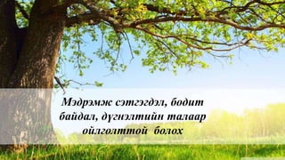 Мэдрэмж сэтгэгдэл, бодит
байдал, дүгнэлтийн талаар
ойлголттой болох
 