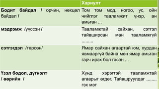 Хариулт
Бодит байдал / орчин, нөхцөл
байдал /
Том том мод, ногоо, ус, ойн
чийглэг тааламжит үнэр, ан
амьтан ...
мэдрэмж /үүссэн / Тааламжтай сайхан, сэтгэл
тайвширсан мөн тааламжгүй
.........
сэтгэгдэл /төрсөн/ Ямар сайхан агаартай юм, хурдан
явмааргүй байна мөн ямар амьтан
гарч ирэх бол гэсэн ...
Үзэл бодол, дүгнэлт
/ өөрийн /
Хүнд хэрэгтэй тааламжтай
агаарыг өгдөг. Тайвшруулдаг ........
гэх мэт
 