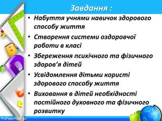 ProPowerPoint.Ru
Завдання :
• Набуття учнями навичок здорового
способу життя
• Створення системи оздоровчої
роботи в класі
• Збереження психічного та фізичного
здоров’я дітей
• Усвідомлення дітьми користі
здорового способу життя
• Виховання в дітей необхідності
постійного духовного та фізичного
розвитку
 