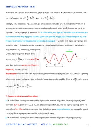 ΘΕΩΡΙΑ ΣΤΟ ΑΡΜΟΝΙΚΟ ΚΥΜΑ
ΔΟΥΚΑΤΖΗΣ ΒΑΣΙΛΗΣ – ΦΥΣΙΚΟΣ 6972 112 712, 6975260623 W.U. 12
λαντώσεων των σημείων Κ και Λ την ίδια χρονική στιγμή είναι διαφορετικές και υπολογίζονται αντίστοιχα
από τις εξισώσεις: Kxt
2 2 και
xt
2 2
Επειδή xΚ < xΛ, θα είναι φΚ > φΛ. Δηλαδή, για ένα κύμα που διαδίδεται προς τη θετική κατεύθυνση του ά-
ξονα, μεγαλύτερη φάση ταλάντωσης έχουν τα σημεία του ελαστικού μέσου που βρίσκονται πιο κοντά στο
σημείο Ο. Γενικά, μπορούμε να γράψουμε ότι οι ταλαντώσεις των σημείων του ελαστικού μέσου που βρί-
σκονται πιο κοντά στην πηγή του κύματος έχουν κάθε χρονική στιγμή μεγαλύτερη φάση από τις αντί-
στοιχες ταλαντώσεις των σημείων που βρίσκονται πιο μακριά. Η πρόταση αυτή ισχύει και για κύμα που
διαδίδεται προς τη θετική κατεύθυνση αλλά και για κύμα που διαδίδεται προς την αρνητική κατεύθυνση. Η
διαφορά φάσης της ταλάντωσης των σημείων
Κ και Λ την ίδια χρονική στιγμή είναι:
2
(x x )
2π
Δφ = Δx
λ
όπου Δx η απόσταση μεταξύ των θέσεων ι-
σορροπίας των δύο σημείων.
Παρατήρηση: Στον ίδιο τύπο καταλήγουμε κι αν χρησιμοποιήσουμε τη σχέση Δφ = ω·Δt, όπου Δt η χρονική
διάρκεια που απαιτείται ώστε το κύμα να διαδοθεί από το ένα σημείο στο άλλο. Είναι
x
t , οπότε προκύ-
πτει
2 x 2
· x .
 Συμφωνία φάσης και αντίθεση φάσης
α. Οι ταλαντώσεις των σημείων του ελαστικού μέσου που οι θέσεις ισορροπίας τους απέχουν μεταξύ τους
απόσταση Δx = kλ (όπου k = 1,2,...), δηλαδή απέχουν ακέραιο πολλαπλάσιο του μήκους κύματος, έχουν δια-
φορά φάσης Δφ = 2kπ rad. Αυτά τα σημεία λέμε ότι βρίσκονται σε συμφωνία φάσης και έχουν κάθε χρονική
στιγμή την ίδια απομάκρυνση και την ίδια ταχύτητα ταλάντωσης.
β. Οι ταλαντώσεις των σημείων του ελαστικού μέσου που οι θέσεις ισορροπίας τους απέχουν μεταξύ
xK
xΛ
Δx
Κ Λ x
y
υ
 