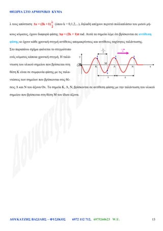ΘΕΩΡΙΑ ΣΤΟ ΑΡΜΟΝΙΚΟ ΚΥΜΑ
ΔΟΥΚΑΤΖΗΣ ΒΑΣΙΛΗΣ – ΦΥΣΙΚΟΣ 6972 112 712, 6975260623 W.U. 13
λ τους απόσταση
λ
Δx = (2k +1)
2
(όπου k = 0,1,2,...), δηλαδή απέχουν περιττό πολλαπλάσιο του μισού μή-
κους κύματος, έχουν διαφορά φάσης Δφ = (2k + 1)π rad. Αυτά τα σημεία λέμε ότι βρίσκονται σε αντίθεση
φάσης κι έχουν κάθε χρονική στιγμή αντίθετες απομακρύνσεις και αντίθετες ταχύτητες ταλάντωσης.
Στο παραπάνω σχήμα φαίνεται το στιγμιότυπο
ενός κύματος κάποια χρονική στιγμή. Η ταλά-
ντωση του υλικού σημείου που βρίσκεται στη
θέση Κ είναι σε συμφωνία φάσης με τις ταλα-
ντώσεις των σημείων που βρίσκονται στις θέ-
σεις Λ και Ν του άξονα Ox. Τα σημεία Κ, Λ, Ν, βρίσκονται σε αντίθεση φάσης με την ταλάντωση του υλικού
σημείου που βρίσκεται στη θέση Μ του ίδιου άξονα.
Κ Λ x
y
υ
λ λ
2
λ
Μ
Ν
 